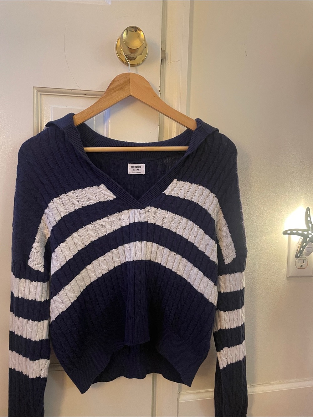 Cotton On Navy & White Striped V-Neck Cable Knit Hoodie Sweater